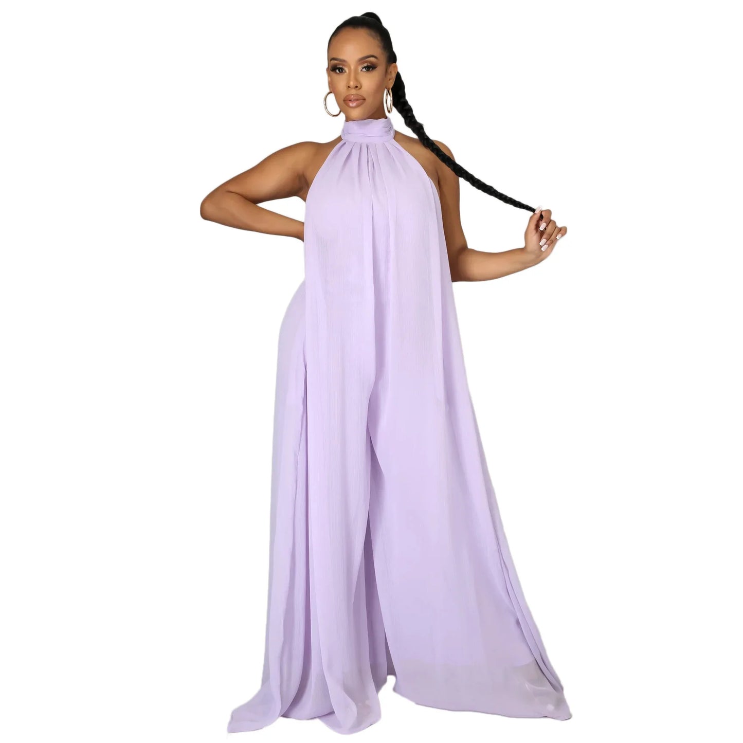 Elegant Holiday Chiffon Jumpsuits Halter Sleeveless High Waist Women Wide Leg Playsuit Open Back Pleated Rompers