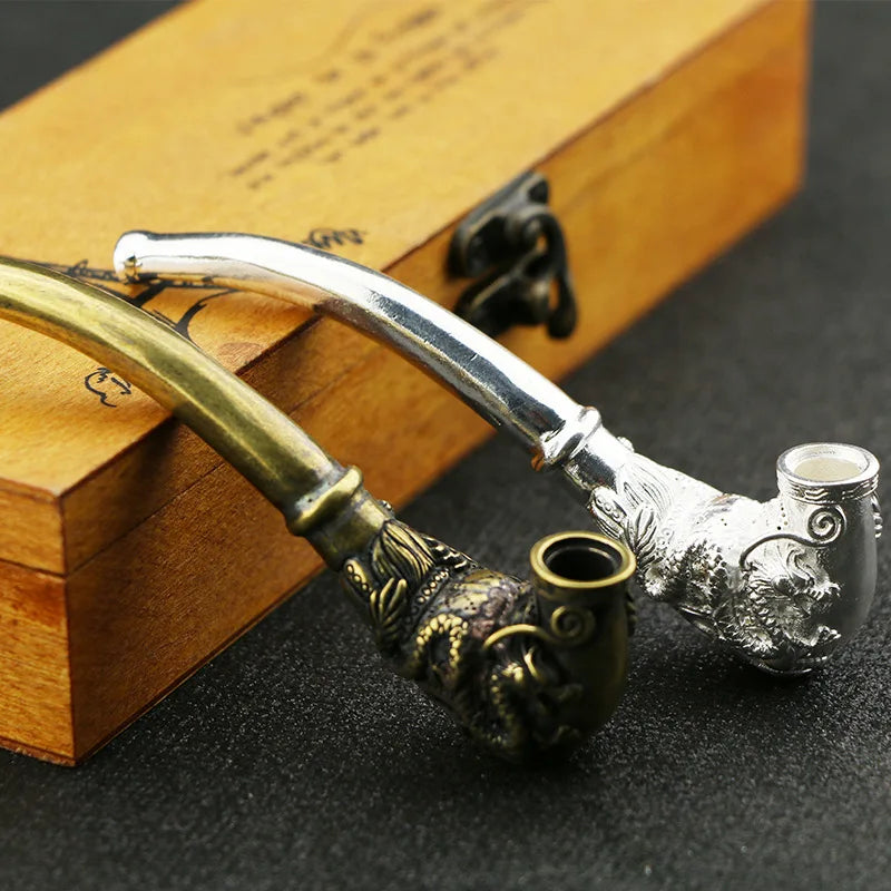 Antique Copper Dragon Phoenix Cigarette Holder Figurines Miniatures Home Decor Brass Carved Pipe Crafts Collection Ornaments