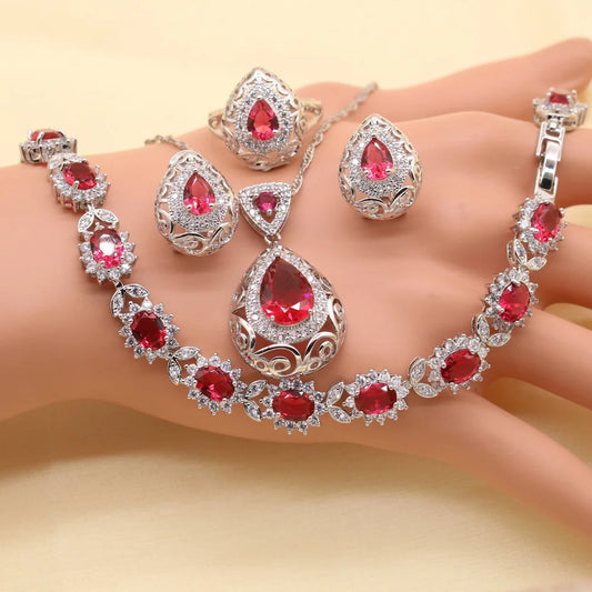 XUTAAYI  925 Silver Wedding Jewelry Sets For Women Red Ruby Bracelet Rings Bridal Pendant  Necklace Earrings For Women