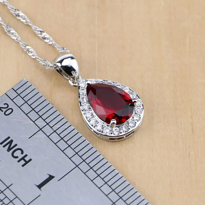 Mystic Red Zircon 925 Sterling Silver Jewelry Sets Women Wedding Accessories Long Earrings/Pendant/Necklace/Rings T078