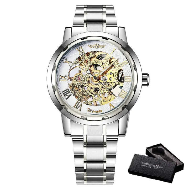 New 2020 Top Brand Luxury WINNER Golden Watches Mens Skeleton Mechanical Watches Stainless Steel Strap Classic Wristwatch COLORs