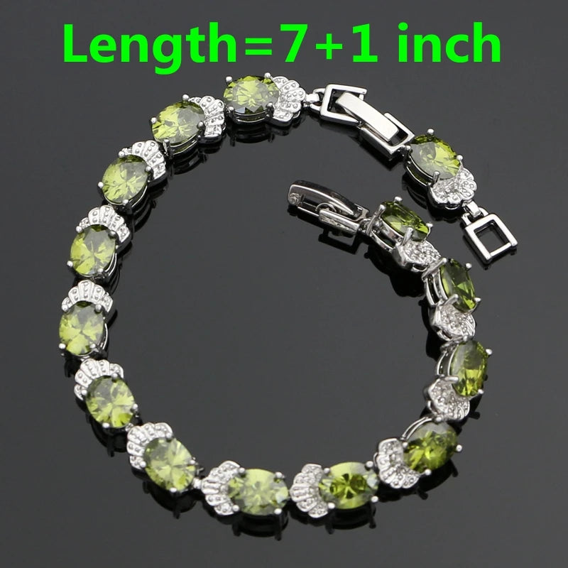 Silver 925 Jewelry Sets Olive Green Cubic Zirconia Drop Earrings Pendant Ring Bracelet Necklace Set For Women Jewelry
