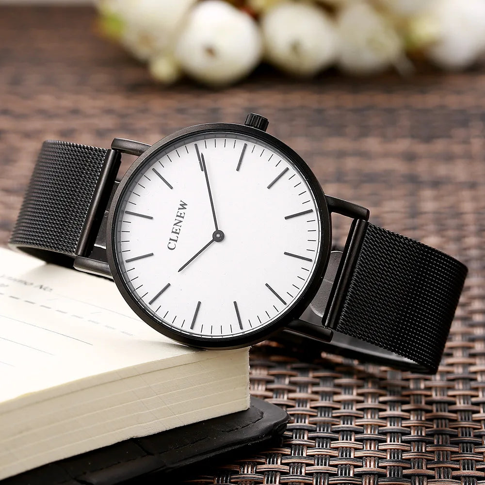 CLENEW ยี่ห้อธุรกิจแฟชั่นเรียบง่ายสบายๆ 2-pin นาฬิกาคนรักนาฬิกากันน้ำลึก