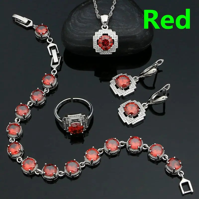 Green Stone Jewelry 925 Sterling Silver Open Ring Pendant Chain Earring Bracelet CZ Accessories Square Jewelry Kit for Women