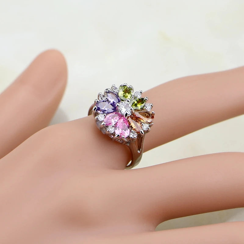 925 Silver Jewelry Flower Multi-color stones Jewelry Sets For Women Wedding Earrings/Pendant/Necklace/Rings