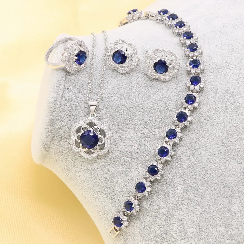 Xutaayi  Blue Created Sapphired Silver 925 jewelry Set For Women With Earrings Bracelet Necklace Pendant Ring Birthday Gift
