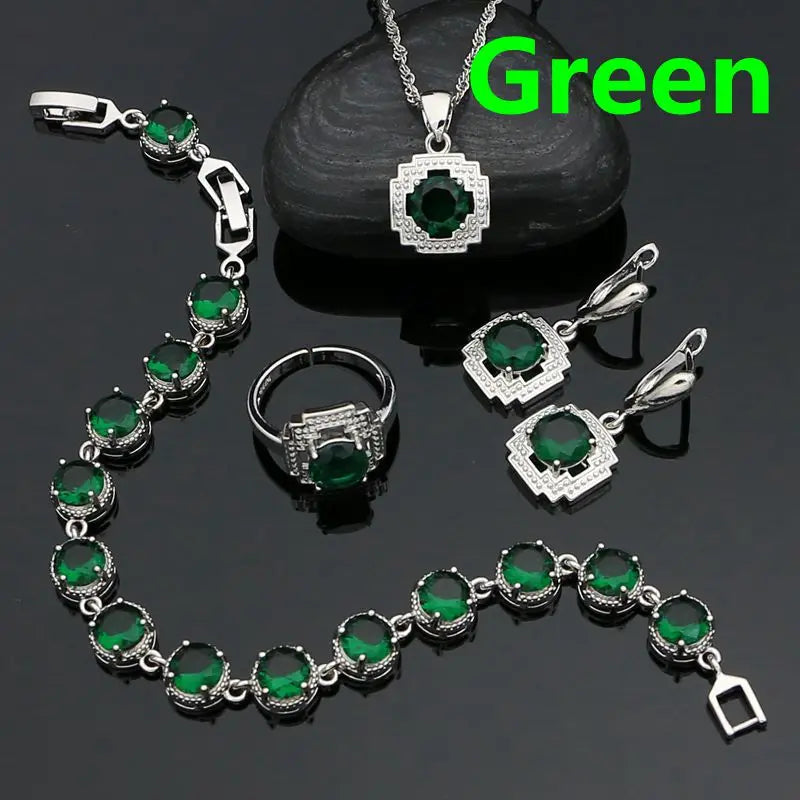 Green Stone Jewelry 925 Sterling Silver Open Ring Pendant Chain Earring Bracelet CZ Accessories Square Jewelry Kit for Women