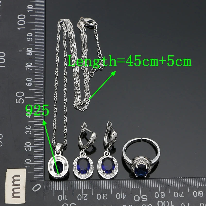 Silver 925 Jewelry Set for Woman Party Accessories Sapphire Earrings Chain Pendant Open Ring Silver Set