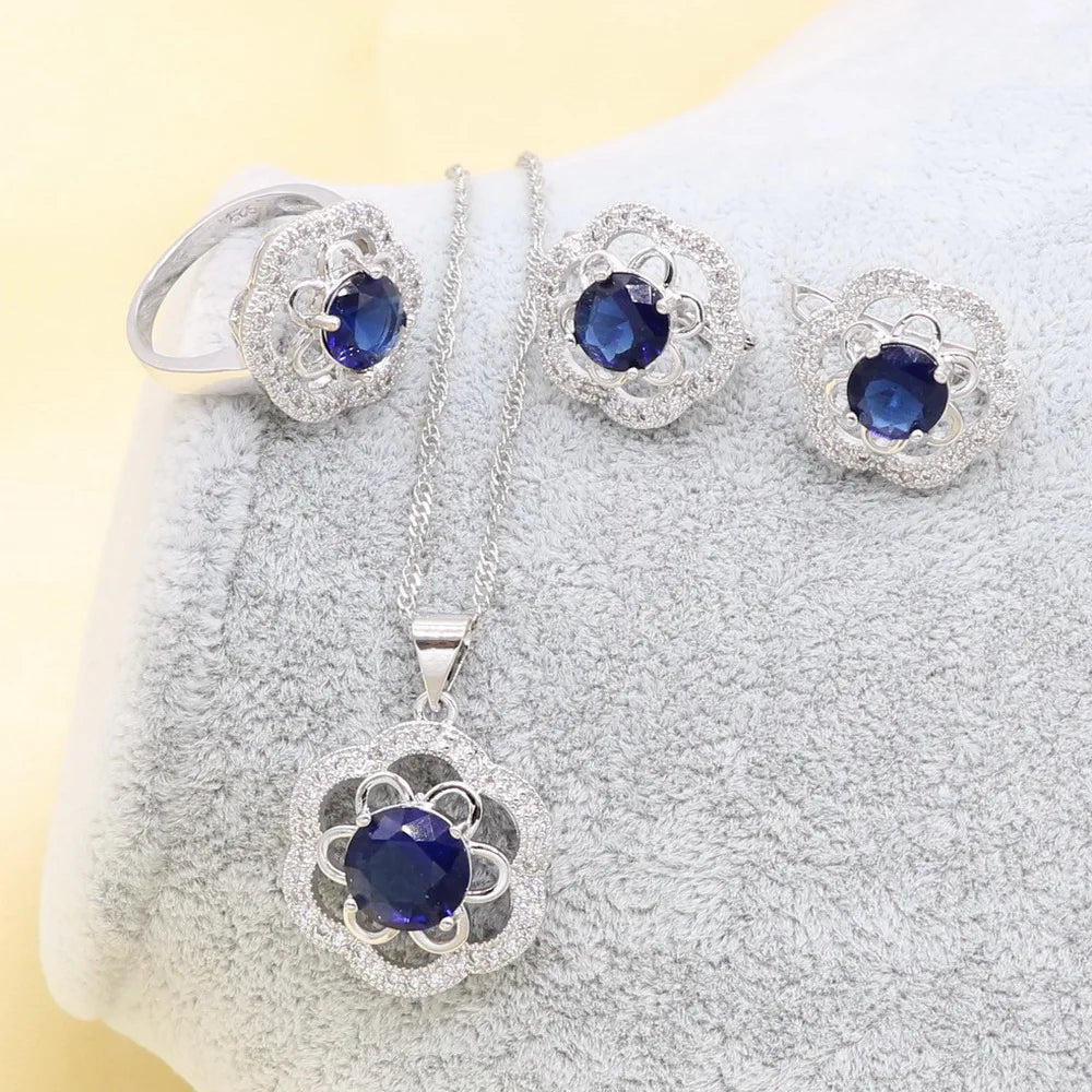 Xutaayi  Blue Created Sapphired Silver 925 jewelry Set For Women With Earrings Bracelet Necklace Pendant Ring Birthday Gift