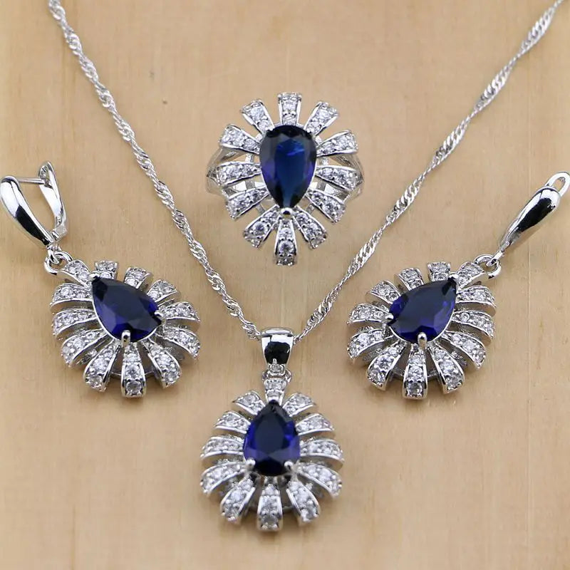 Hiphop Style 925 Sterling Silver Jewelry Blue Zircon White CZ Jewelry Sets For Women Earring/Pendant/Necklace/Rings