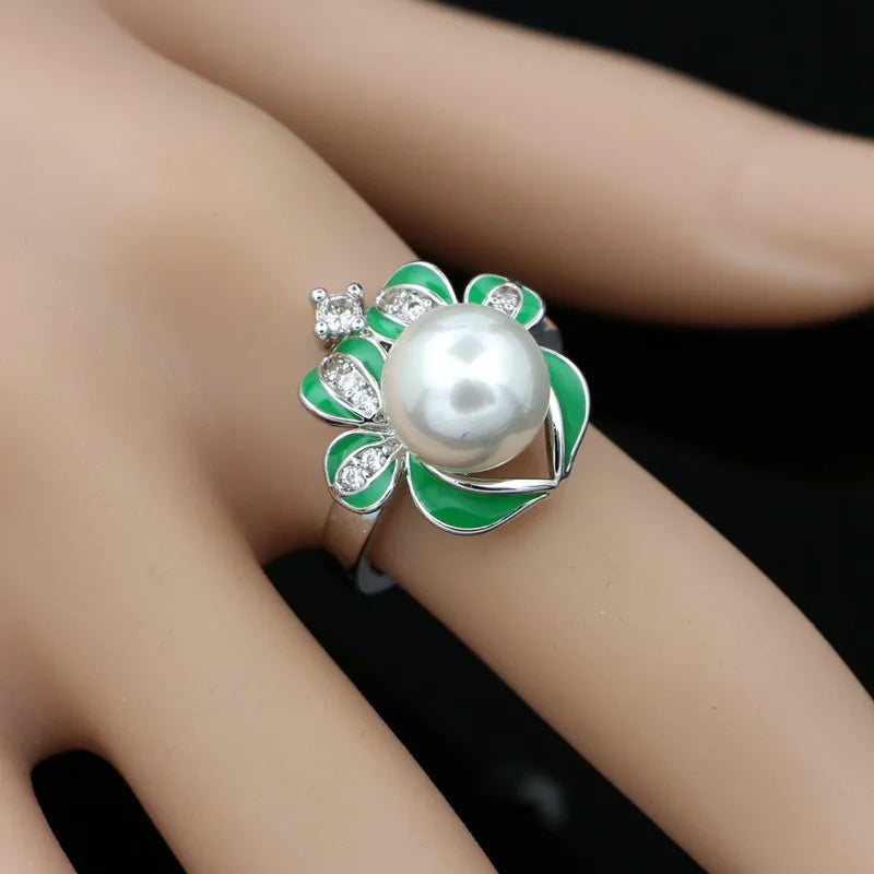 925 Sterling Silver Jewelry Set Green Enamel Pearl Crystal Jewelry Set Reindeer Shape Ring Earring Necklace Pendant Set