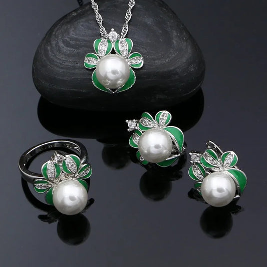 925 Sterling Silver Jewelry Set Green Enamel Pearl Crystal Jewelry Set Reindeer Shape Ring Earring Necklace Pendant Set