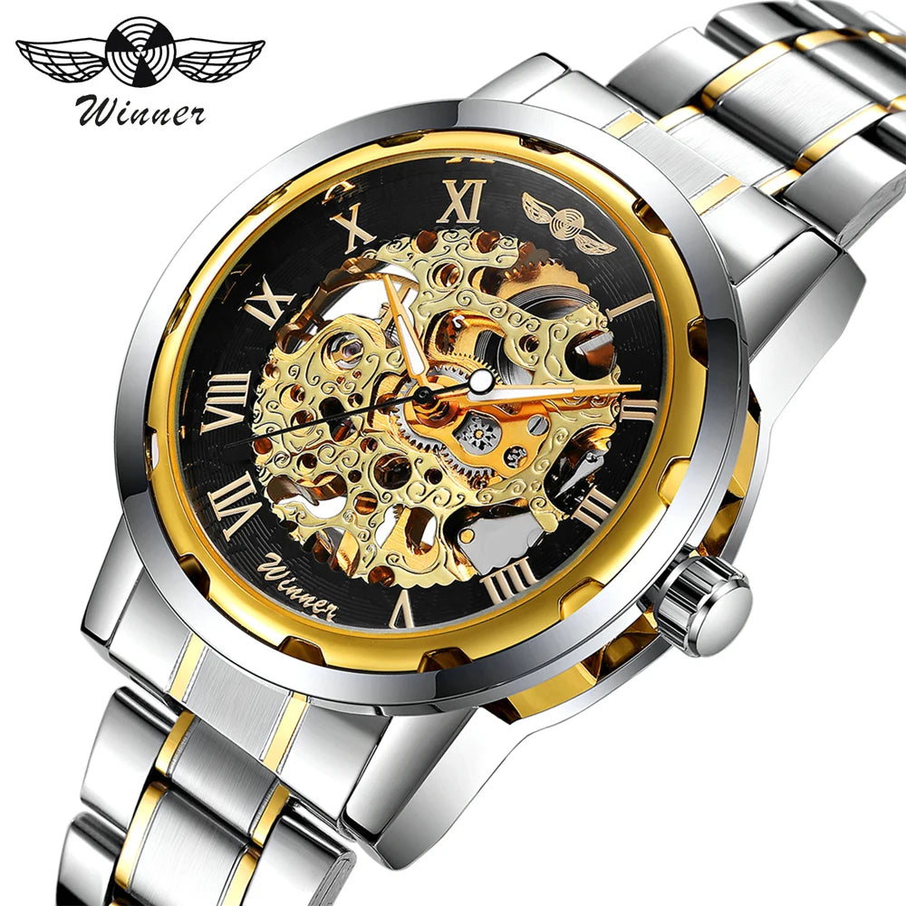 New 2020 Top Brand Luxury WINNER Golden Watches Mens Skeleton Mechanical Watches Stainless Steel Strap Classic Wristwatch COLORs