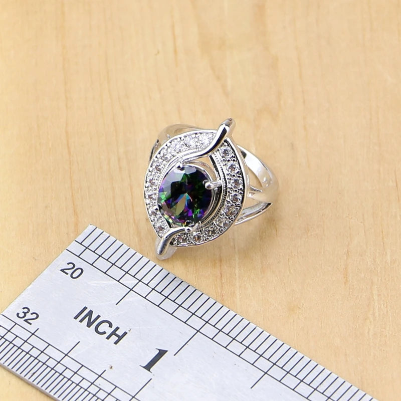 925 Sterling Silver Natural Mystic Rainbow Zircon Stone Jewelry Sets For Women Earrings/Pendant/Ring/Bracelet/Necklace Set
