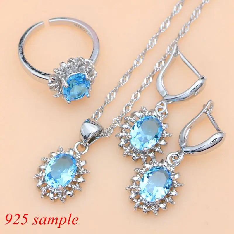 Silver 925 Jewelry Sets for Women Sky Blue Crystal Birthstone Fashion Jewelry Gift for Her Party Necklace Sets