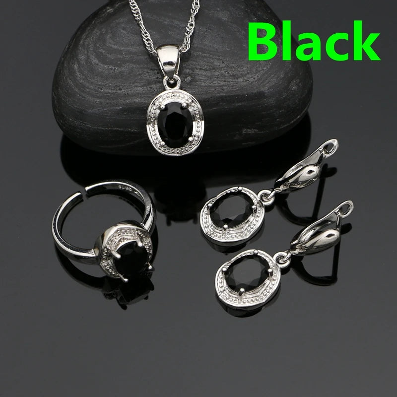 Silver 925 Jewelry Set for Woman Party Accessories Sapphire Earrings Chain Pendant Open Ring Silver Set