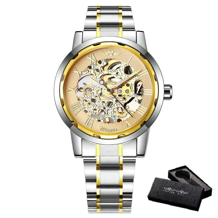 New 2020 Top Brand Luxury WINNER Golden Watches Mens Skeleton Mechanical Watches Stainless Steel Strap Classic Wristwatch COLORs