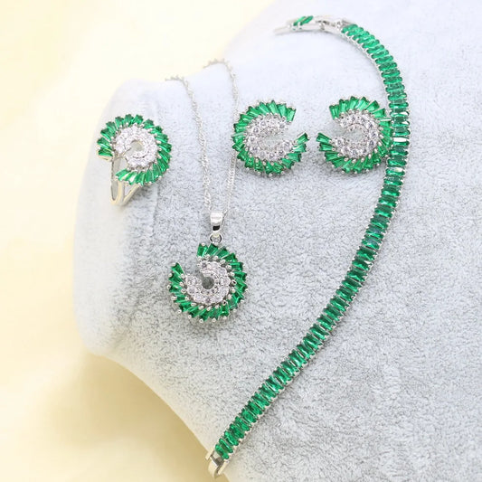 XUTAAYI Green Silver Color Wedding Jewelry Sets Earrings For Women Luxury Jewelry Bracelet Rings Bridal Pendant Necklace Set