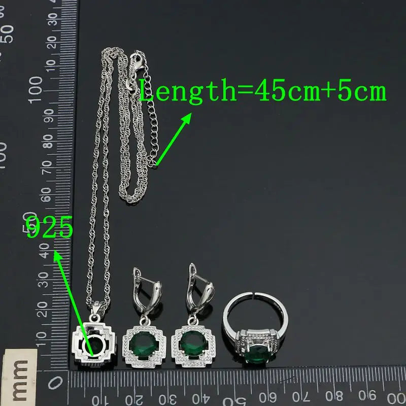 Green Stone Jewelry 925 Sterling Silver Open Ring Pendant Chain Earring Bracelet CZ Accessories Square Jewelry Kit for Women