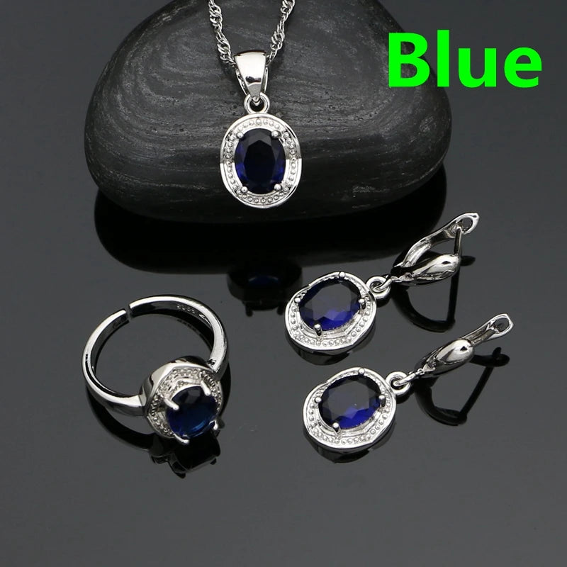 Silver 925 Jewelry Set for Woman Party Accessories Sapphire Earrings Chain Pendant Open Ring Silver Set