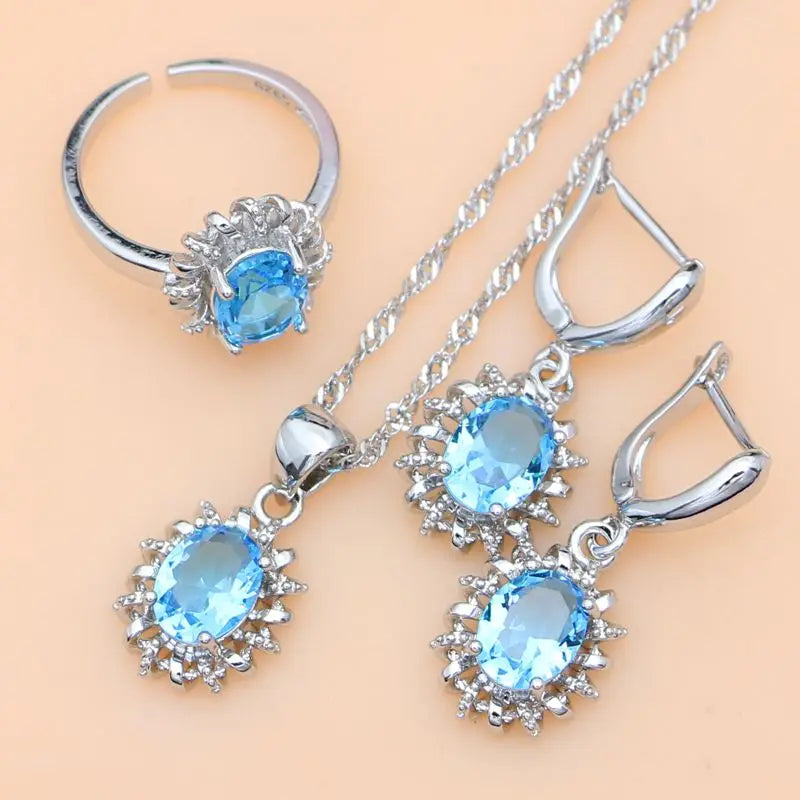 Silver 925 Jewelry Sets for Women Sky Blue Crystal Birthstone Fashion Jewelry Gift for Her Party Necklace Sets