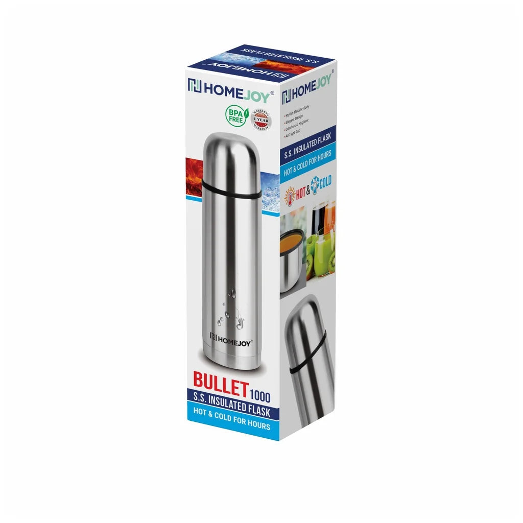 12 Hours Cold Water Guarantee Home Joy Hot & Cold Bullet Style Flask 1000 ml with Bottle Pouch + Free Bottle Brush