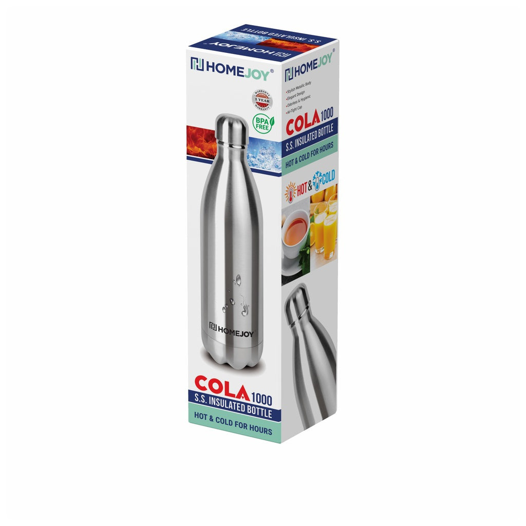 12 Hours Cold Water Guarantee Home Joy Hot & Cold Cola Bottle 1000 ml + Free Bottle Brush, Stainless Steel Water Bottle