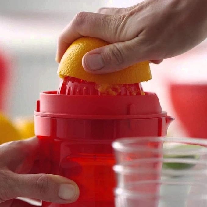 Manual Citrus Juicer with Container – Hand Press Orange & Lemon Juice Extractor with Filter and Pour Spout (Random Color)