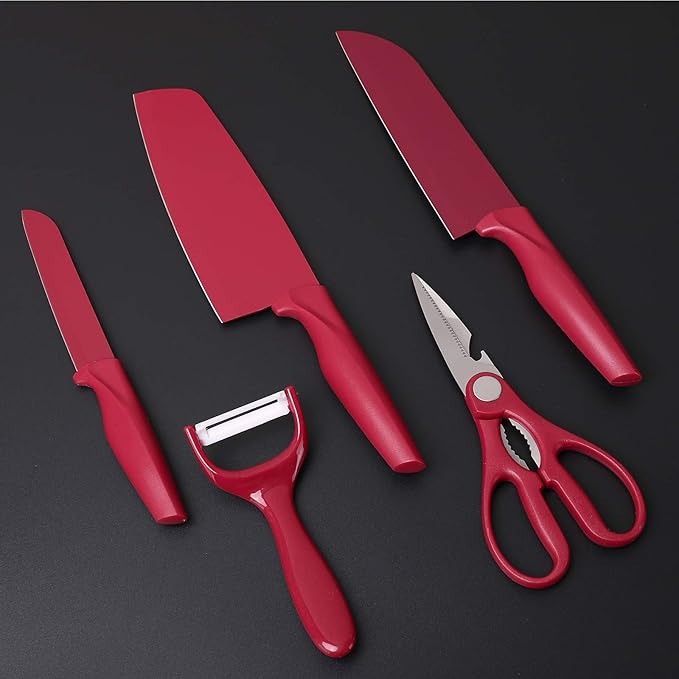 5-Piece Premium Red Kitchen Knife Set with Scissors and Peeler – Non-Stick Stainless Steel Blades and Ergonomic Handles for Home & Professional Use