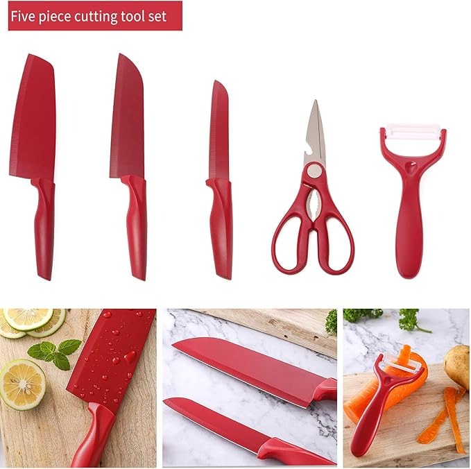 5-Piece Premium Red Kitchen Knife Set with Scissors and Peeler – Non-Stick Stainless Steel Blades and Ergonomic Handles for Home & Professional Use