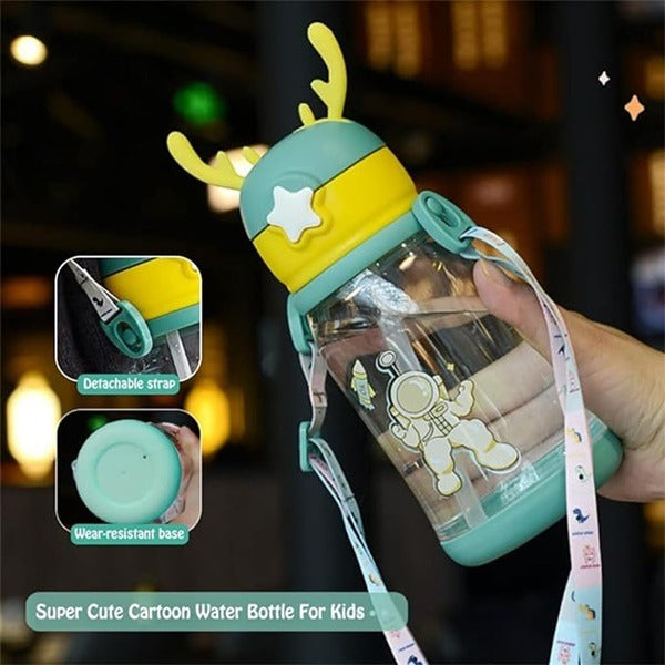 600ml Cartoon Design Sippy Water Bottle and Shoulder Strap for Students and Children, Boy, girl