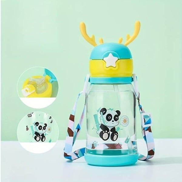 600ml Cartoon Design Sippy Water Bottle and Shoulder Strap for Students and Children, Boy, girl