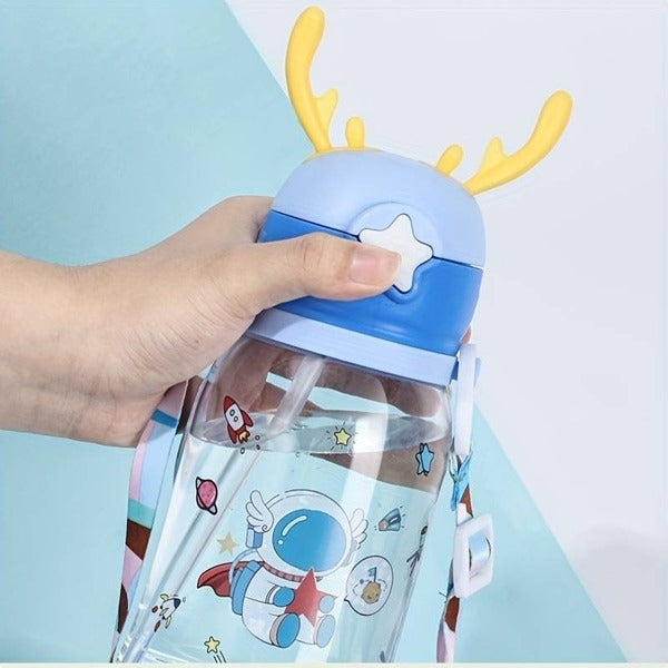 600ml Cartoon Design Sippy Water Bottle and Shoulder Strap for Students and Children, Boy, girl
