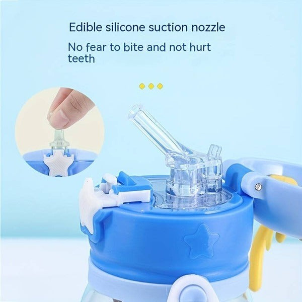 600ml Cartoon Design Sippy Water Bottle and Shoulder Strap for Students and Children, Boy, girl