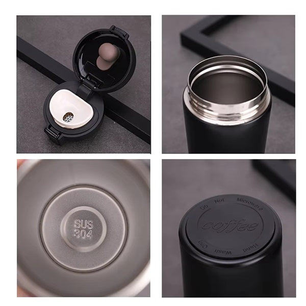 380ml Thermos Coffee Mug Vacuum Insulated Stainless Steel Tea Coffee Mug Thermos Flask Travel Mug - Tumbler with Flip Lid Mesh Filter Hot and Cold for 6 Hours