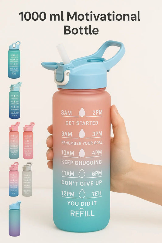 1000ml Motivational Water Bottle With Straw Time Marker, Leak-Proof Drink Bottle BPA Free Non-Toxic Tritan Material 1 Click Open for Running Gym, Garden Walk, School
