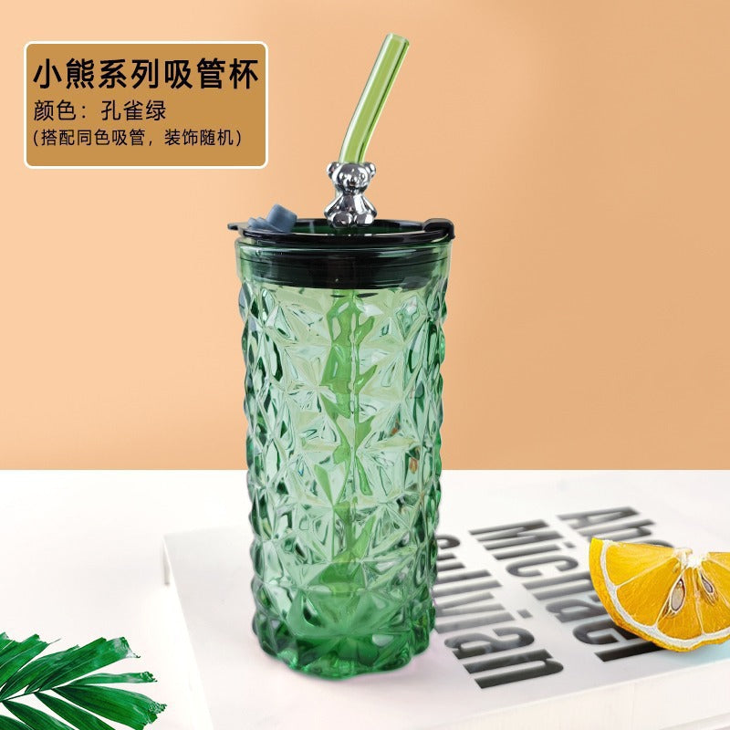 Bear Glass Tumbler with Straw - Cute Diamond Bear Design, Large Capacity, Stylish Office Water Cup, Perfect Gift for Hydration & Style, Bear Decor