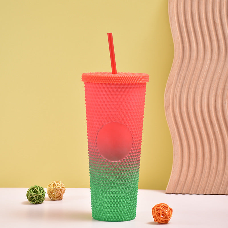 700 ml Gradient Plastic Cup Creative Cup with Straw Double-Layer Cup - Matte (Random Colors)