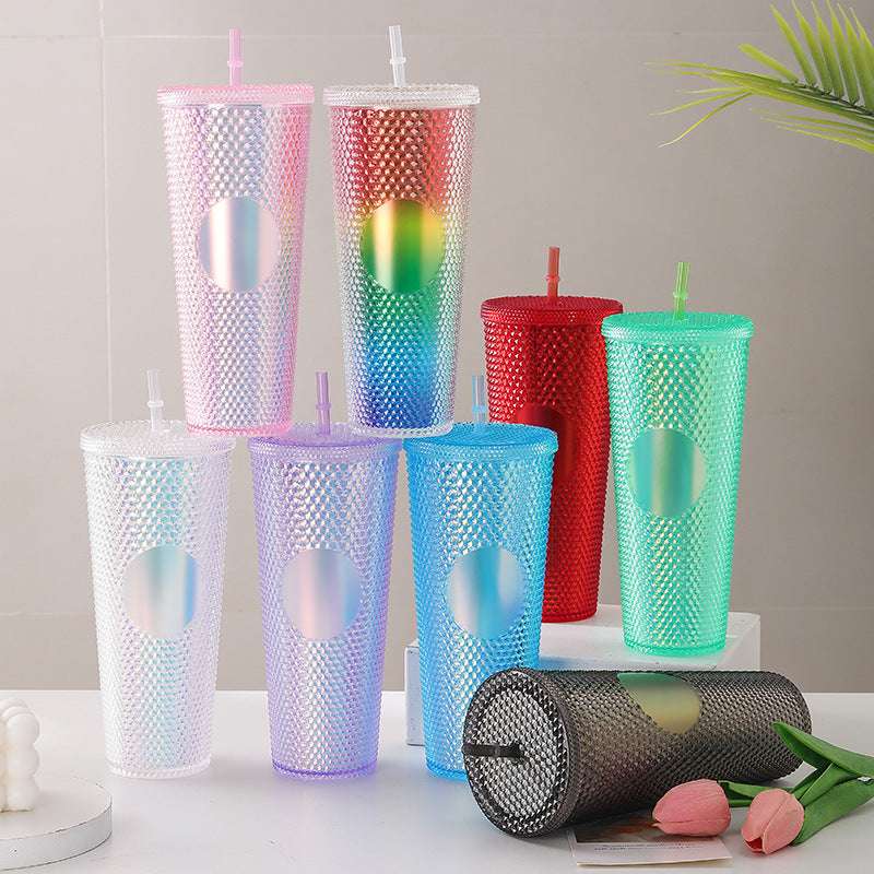 Diamond Cup Double-Layer Plastic Straw Cup with LED Light (Random Colors) - 700 ml