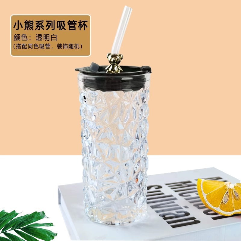 Bear Glass Tumbler with Straw - Cute Diamond Bear Design, Large Capacity, Stylish Office Water Cup, Perfect Gift for Hydration & Style, Bear Decor
