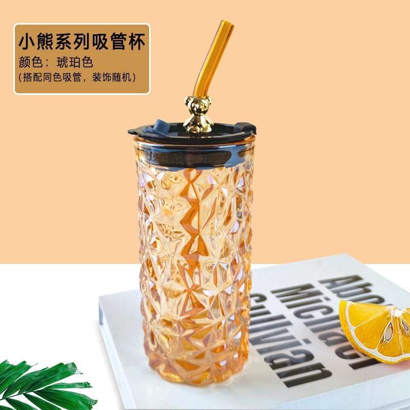 Bear Glass Tumbler with Straw - Cute Diamond Bear Design, Large Capacity, Stylish Office Water Cup, Perfect Gift for Hydration & Style, Bear Decor