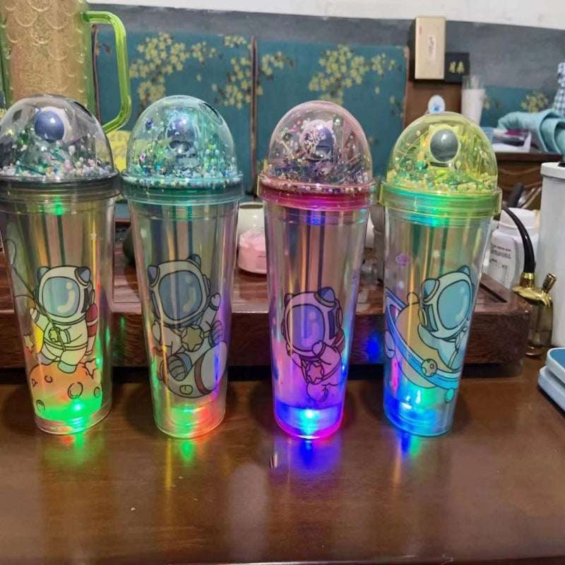 Creative Astronaut Print Plastic Cup Double Layer Portable Cute Water Cup, Sipper with Straw and LED Light