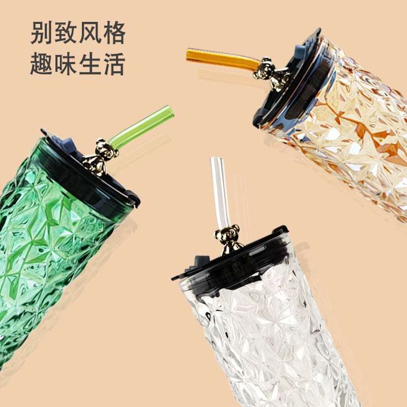 Bear Glass Tumbler with Straw - Cute Diamond Bear Design, Large Capacity, Stylish Office Water Cup, Perfect Gift for Hydration & Style, Bear Decor