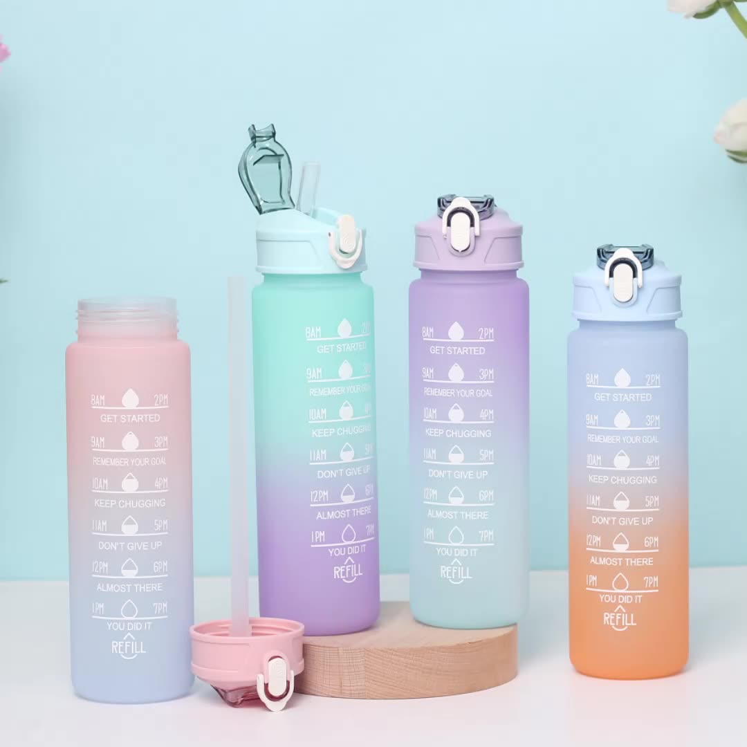1000ml Motivational Water Bottle With Straw Time Marker, Leak-Proof Drink Bottle BPA Free Non-Toxic Tritan Material 1 Click Open for Running Gym, Garden Walk, School
