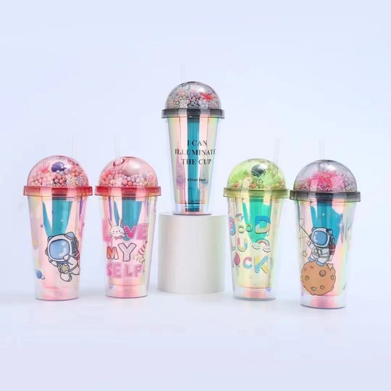 Creative Astronaut Print Plastic Cup Double Layer Portable Cute Water Cup, Sipper with Straw and LED Light
