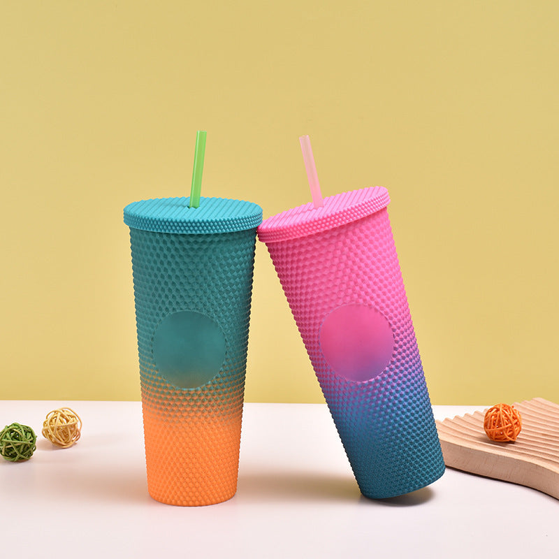 700 ml Gradient Plastic Cup Creative Cup with Straw Double-Layer Cup - Matte (Random Colors)