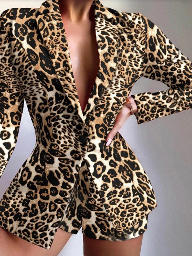 GLCMYAYA Women Fashion Leopard Chain Paisley Blazer Suit and Shorts Streetwear Chic Female Two 2 Piece Set Outfits Winter Autumn