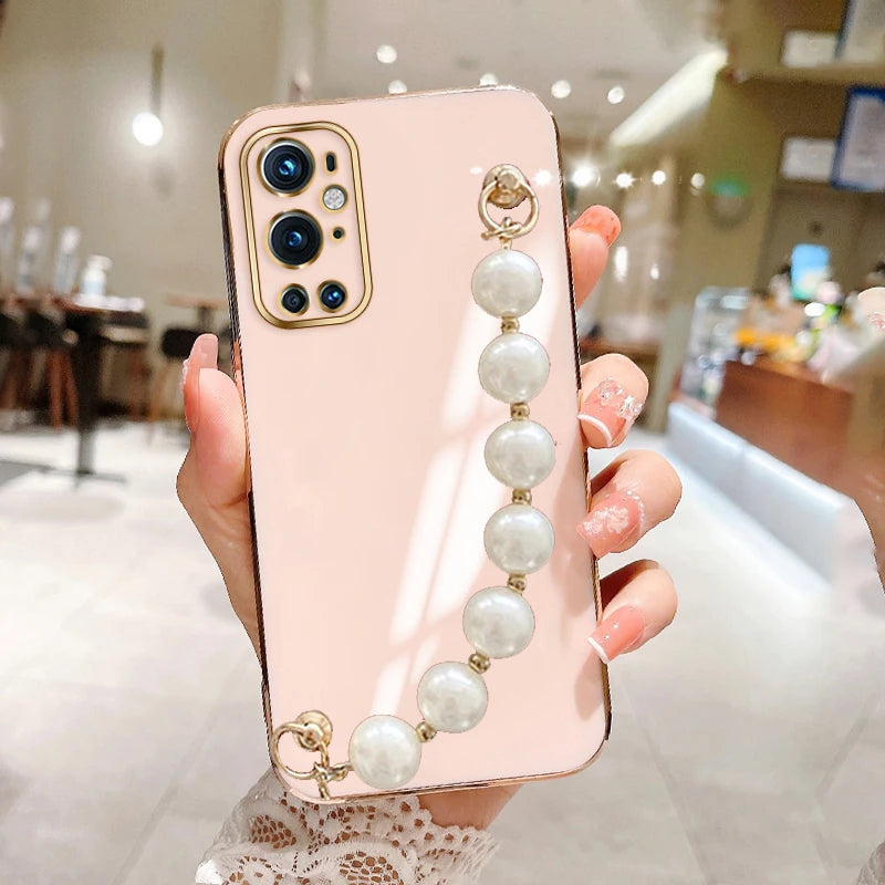 Fashion Plating Love Heart Bracelet Pearl Chain Phone Case For OnePlus 8 8Pro 8T 9 9Pro OnePlus Nord 2 5G Not Phone1 Back Cover
