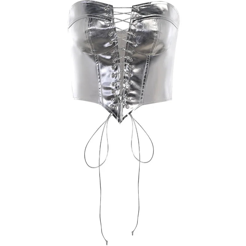 Shiny Gold Silver PU Leather Corsets Bustiers Sexy Women Lace-up Bandage Crown Girdle Slimming Waist Corset Tops Curve Shaper