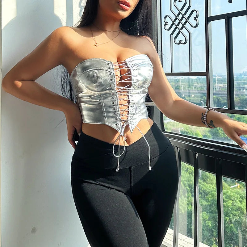 Shiny Gold Silver PU Leather Corsets Bustiers Sexy Women Lace-up Bandage Crown Girdle Slimming Waist Corset Tops Curve Shaper
